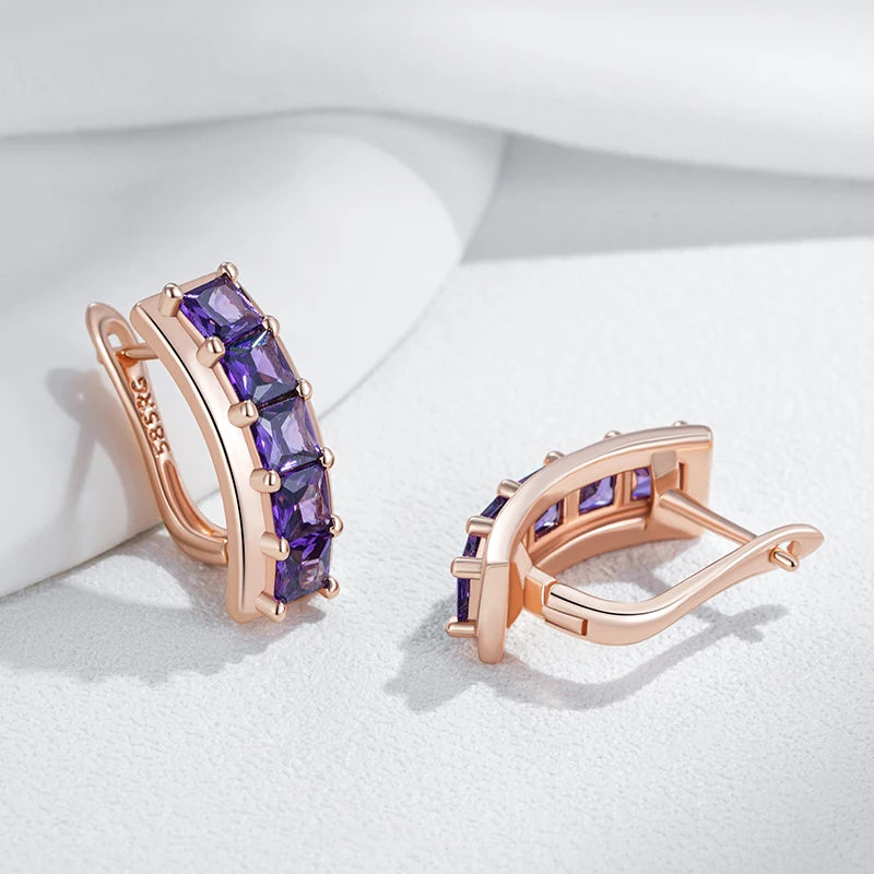 Shiny Square Purple Zircon Drop Earrings - Rose Gold Bridal Jewellery