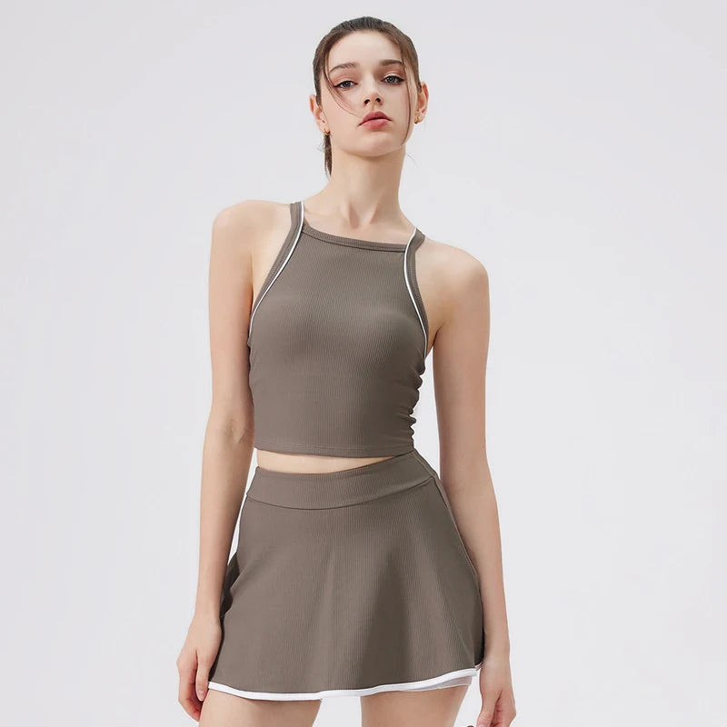 Women's Two-Piece Fitness Set - Yoga Top & Skort with Built-in Shorts