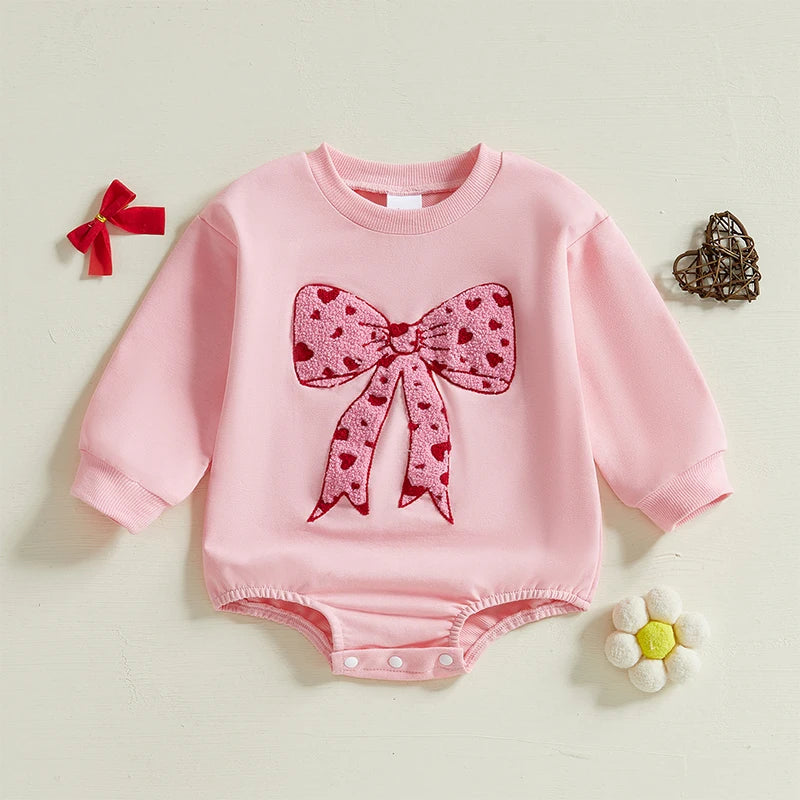 Children's 0-18M Baby Girls Bubble Romper Heart Bow Embroidery Long Sleeve Sweatshirt Jumpsuit