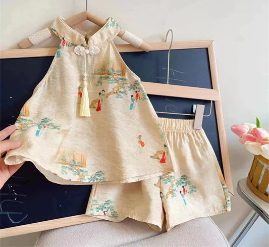 Girls' Set Summer Style Printed Standing Neck Tassel Top and Shorts Two Piece Set