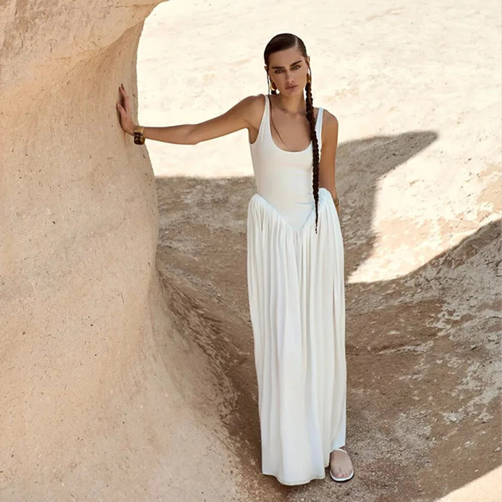 Women's  Split Backless Draped Maxi  Sleeveless  U Neck Dress