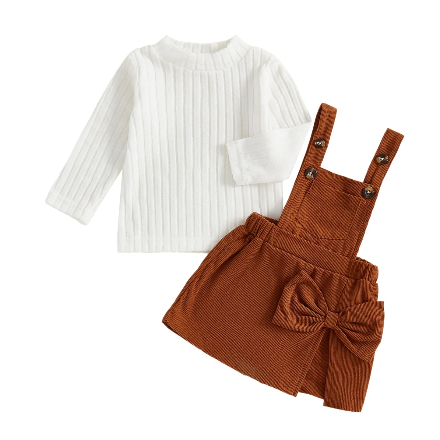 Baby Girls Ribbed Outfit Set - Long Sleeve Crew Neck Top & Bow Overall Skort (0-5Y)