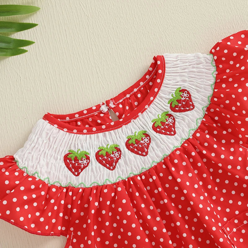 Baby Girls Strawberry Embroidery Polka Dot Romper - Smocked Ruffle Sleeve Jumpsuit (0-24M)