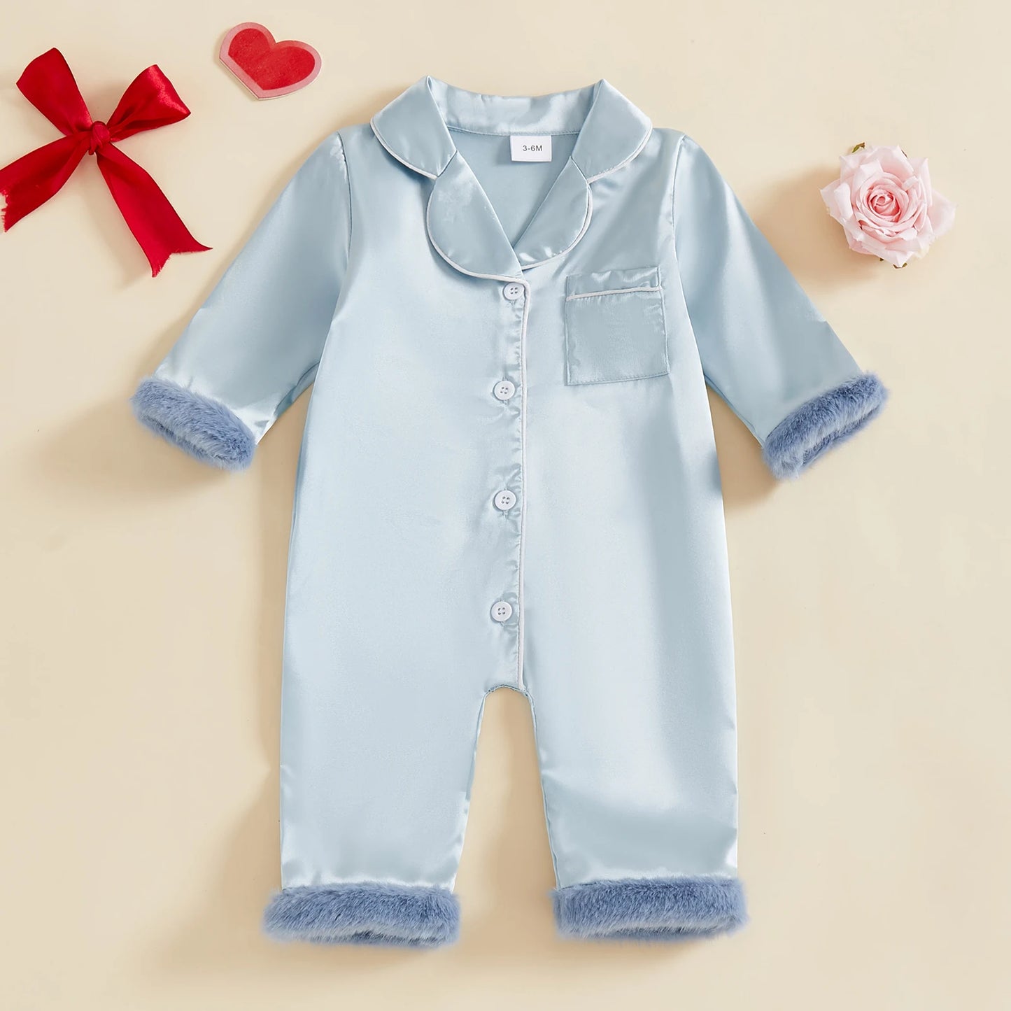 Baby Christmas Pajama Romper - Button Down with Feather Trim Cuffs