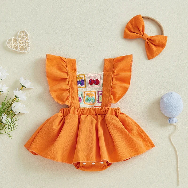 0-18M 2pcs Baby Girls Rompers Dress Cherry Embroidery Ruffles Fly Sleeve Skirt Hem Jumpsuits with Headband
