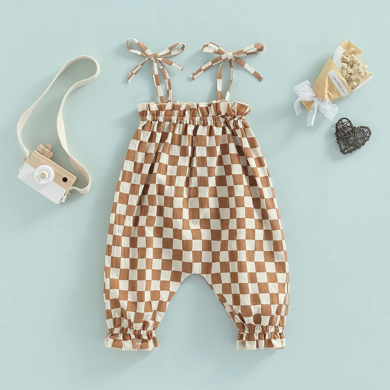 Summer Baby Girls Sweet Romper Clothing 0-24M Strap Sleeveless Lace Up Plaid Printed Jumpsuit