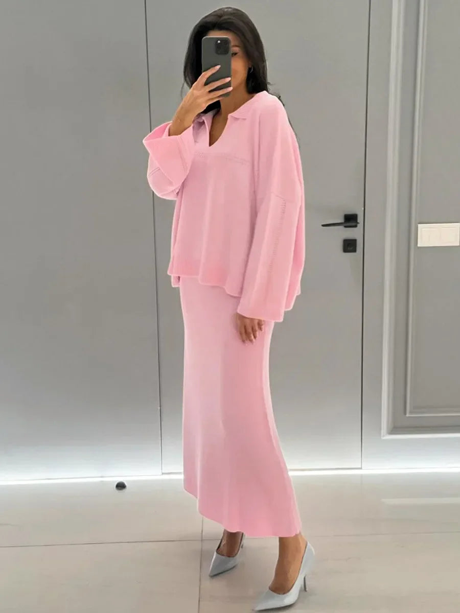 Women's Loose Sweater V-Neck Knit Pullover Top and Long High Waist Skirt 2 Piece Set