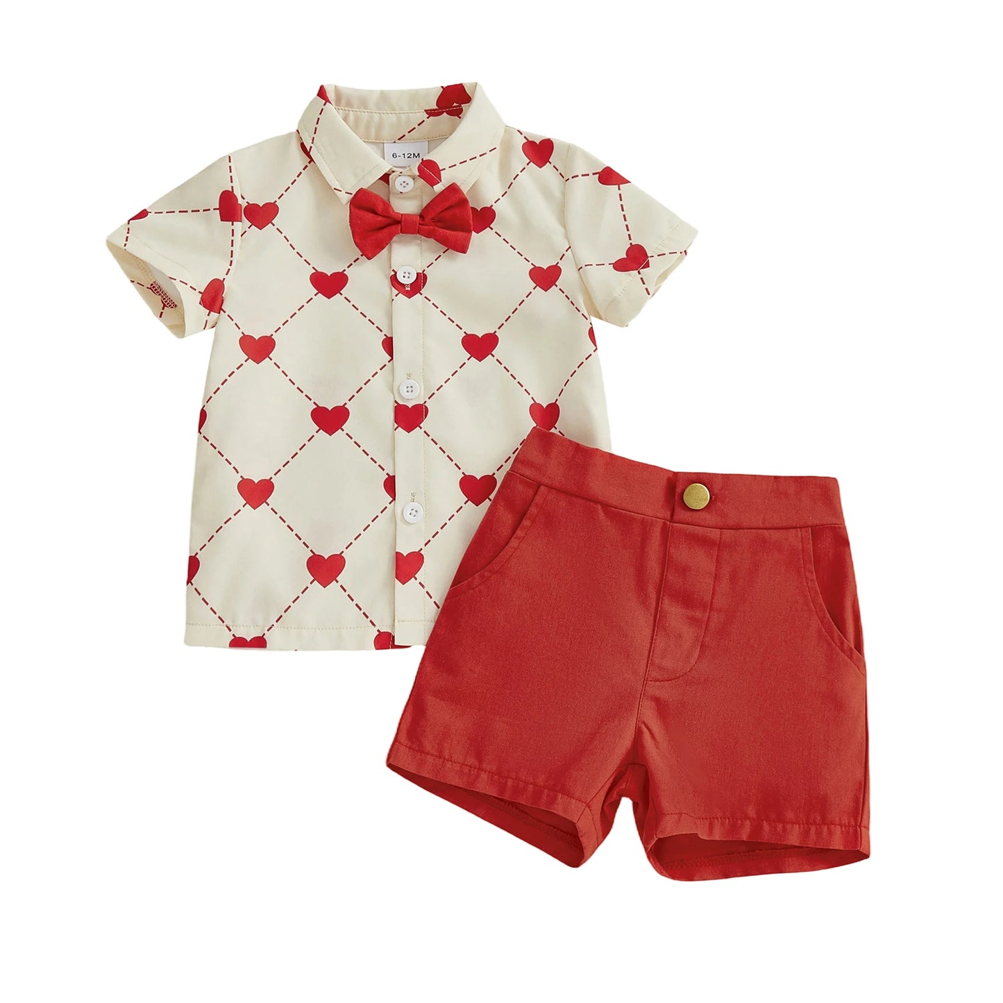 Valentine's Day Baby Boy Outfit Set - Heart Print Bowtie Shirt & Solid Shorts