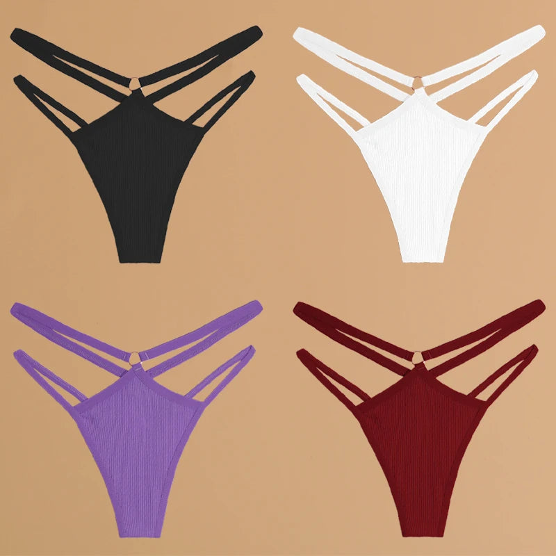4-Pack Cotton Striped Thongs - Women's Low-Rise Breathable Underwear Set