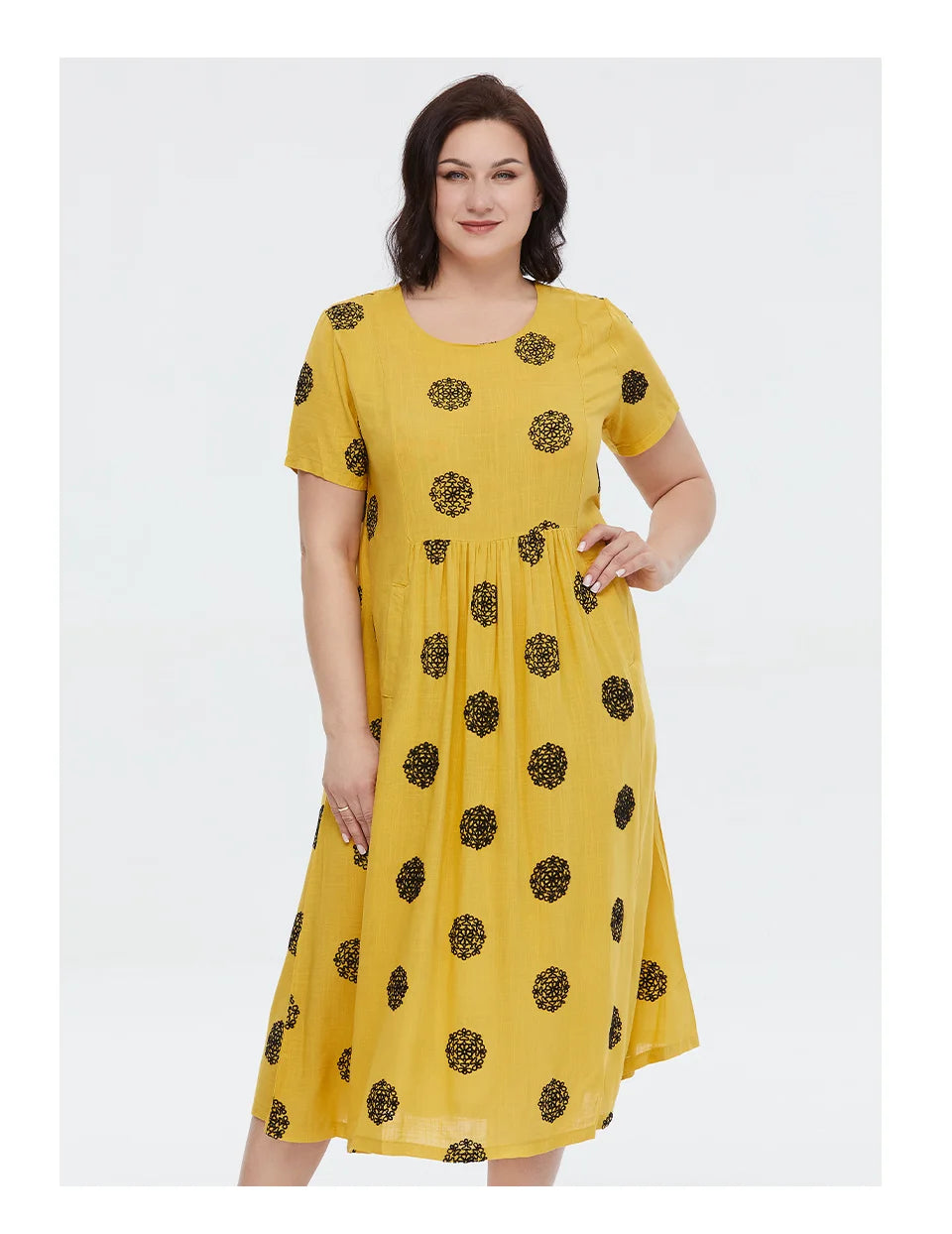 Women's Summer Elegant Cotton Oversize Office Polka Dot Embroidery Design Pocket Long Dress