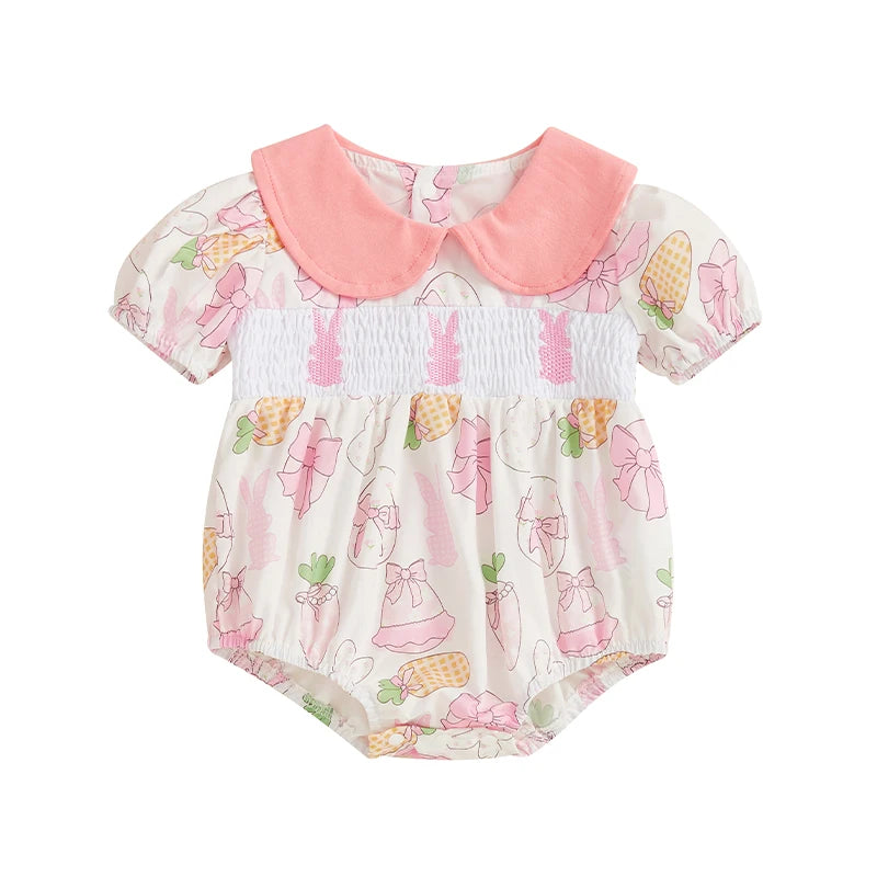 Baby Girls Easter Rabbit Romper - Doll Collar Short Sleeve Bodysuit (0-18M)