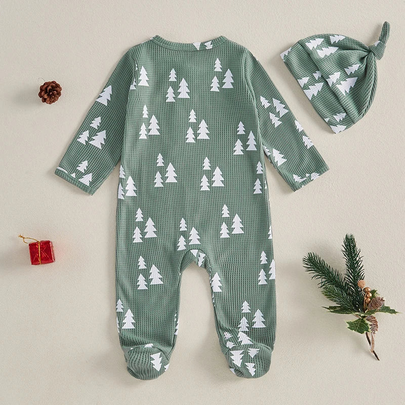 Newborn Christmas Romper Set with Hat - Xmas Tree Print Zip-Up Footed Jumpsuit
