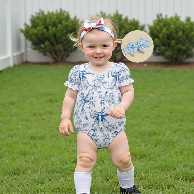 Baby Girls Bow Print Romper with Headband Set (0-18M)