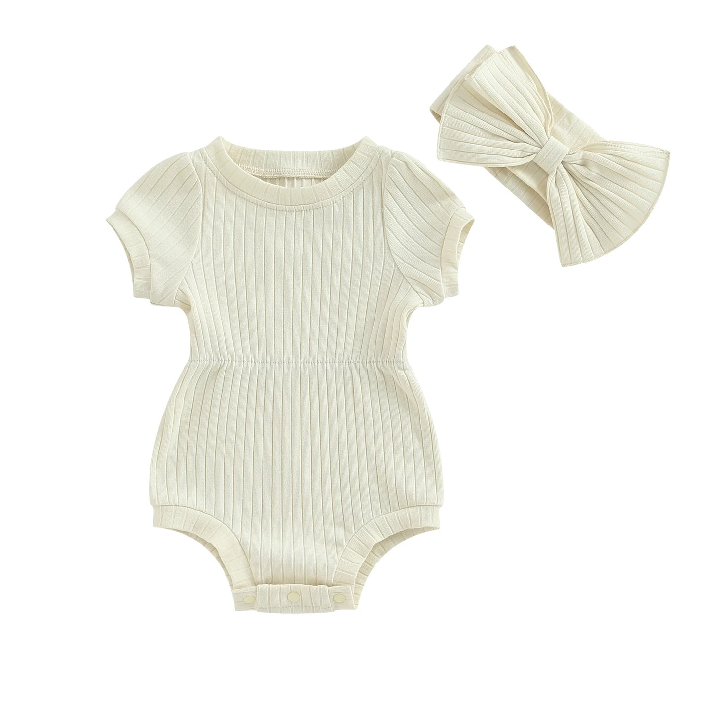 Newborn Baby Girl Romper Set - Short Sleeve Jumpsuit with Bow Headband (3 Colours)