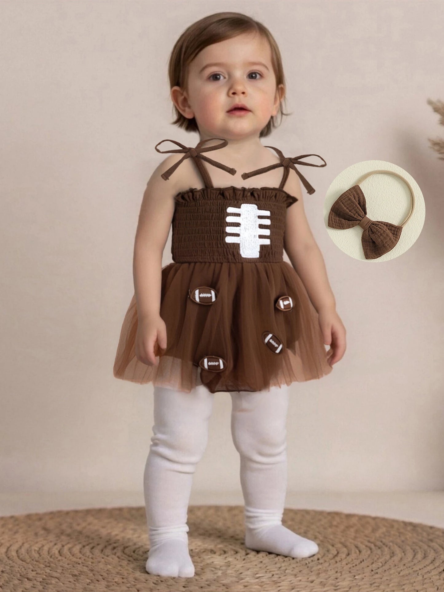 Baby Girls Football Embroidered Romper Dress with Bow Headband (0-18M)