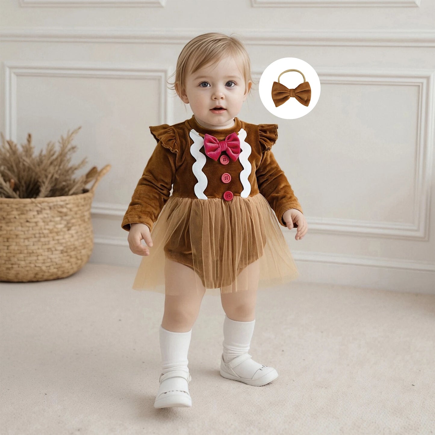 Baby Girls Christmas Gingerbread Man Romper Dress with Bow Headband (0-18M)