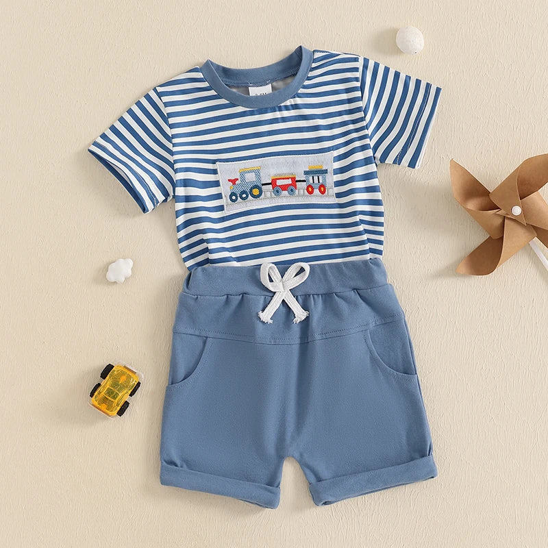 Summer Baby Boys Car Embroidery Outfit Set - Stripe Print T-Shirt & Elastic Waist Shorts (2-Piece)