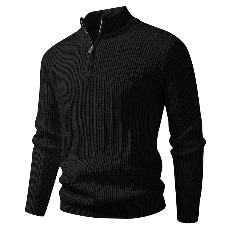 Men's Stand Collar Half-Zip Sweater - Loose Fit Solid Colour Knit Pullover for Autumn Winter