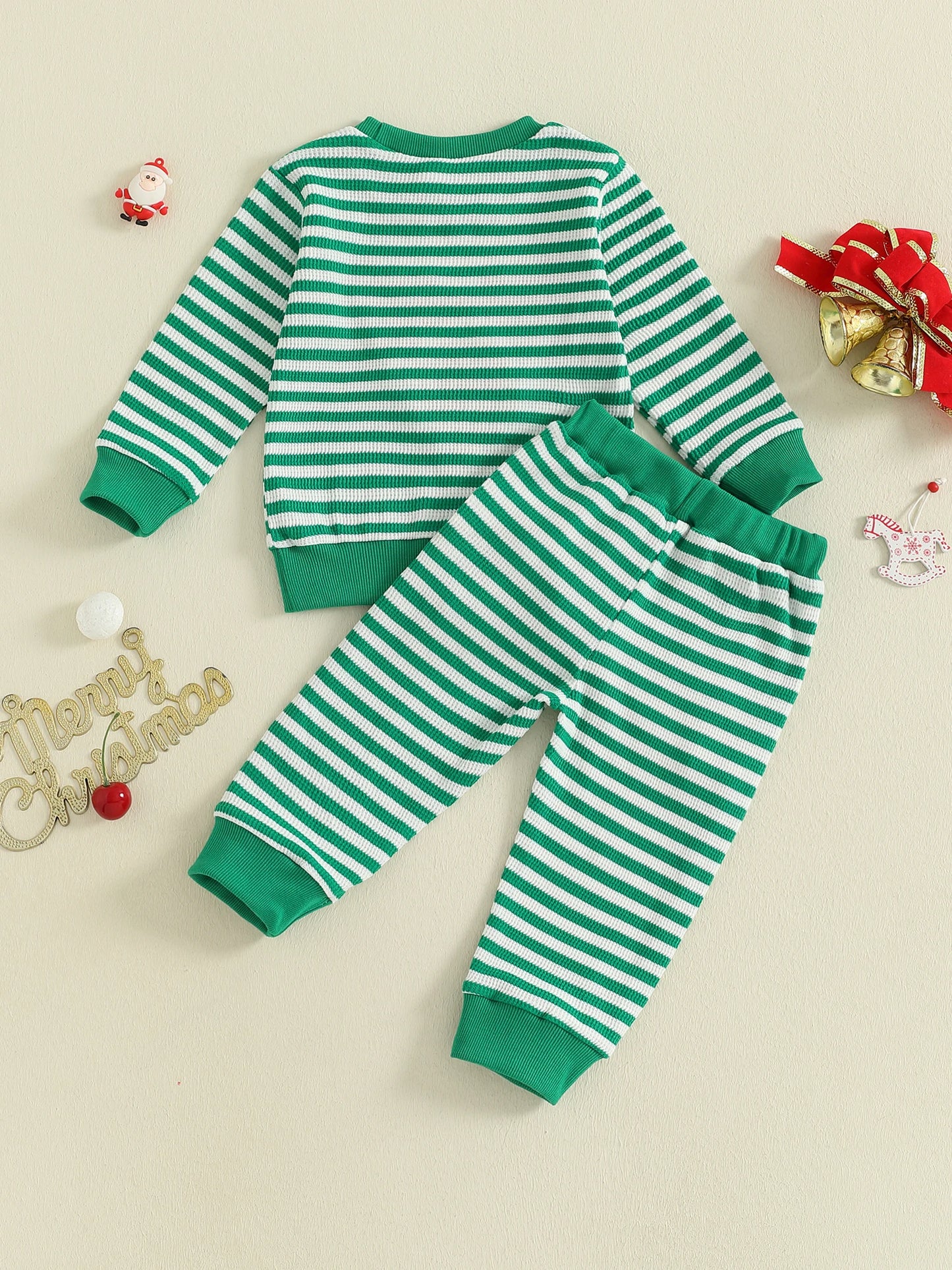 Infant Baby Boys Christmas Clothes Set - Long Sleeve Deer Embroidery Striped Sweatshirt & Pants