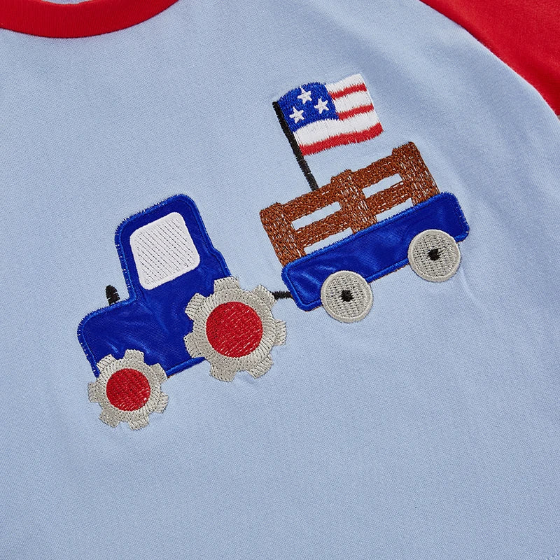 0-4Y American Flag Baby Boys Clothes Sets Tractor Embroidery Patchwork Short Sleeves T-Shirt Star Stripe Shorts