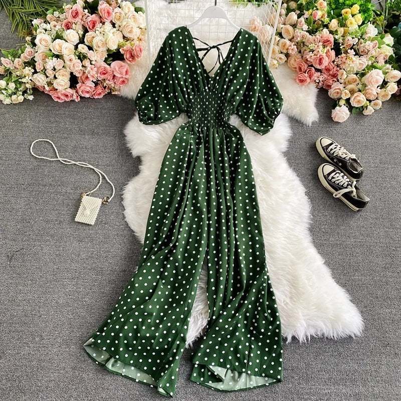 Women's V-Neck Polka Dot Jumpsuit - Wide Leg Trousers with Dolman Sleeves