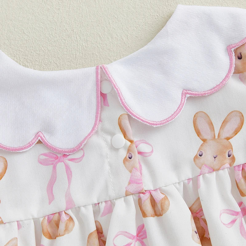 Easter Baby Girls Cute Romper - 3 Style Rabbit Bow Print Doll Collar Ruffle Short Sleeve Bodysuit (0-18M)