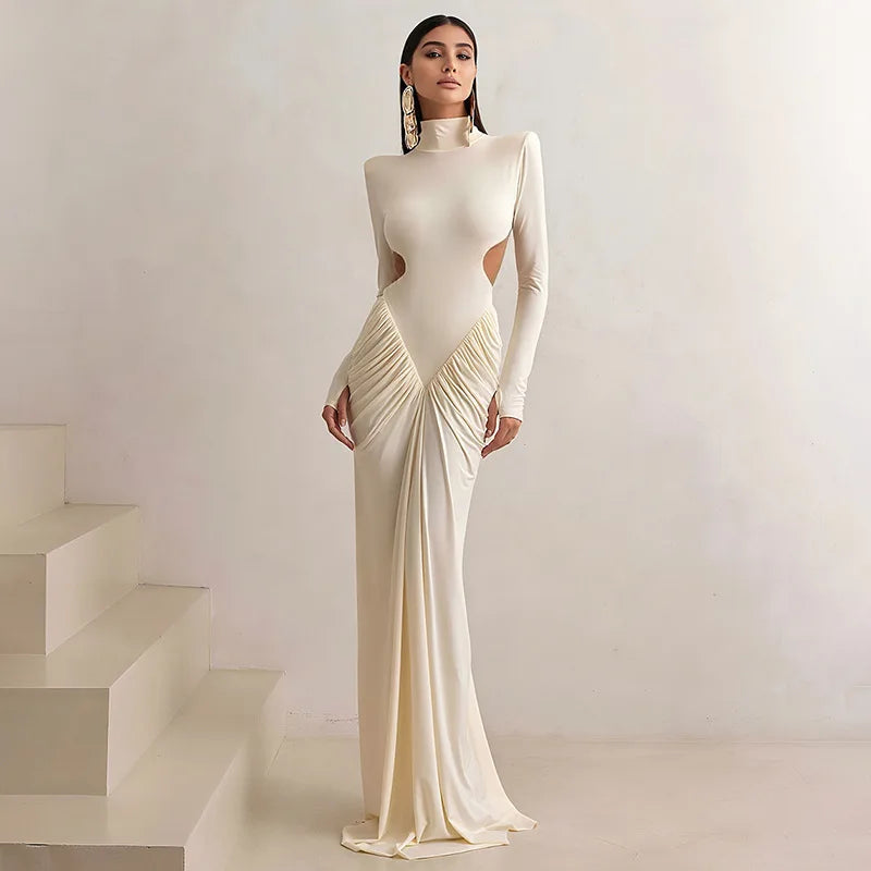 Women's Ruched Long Sleeve Maxi Dress - Elegant Backless Evening Gown