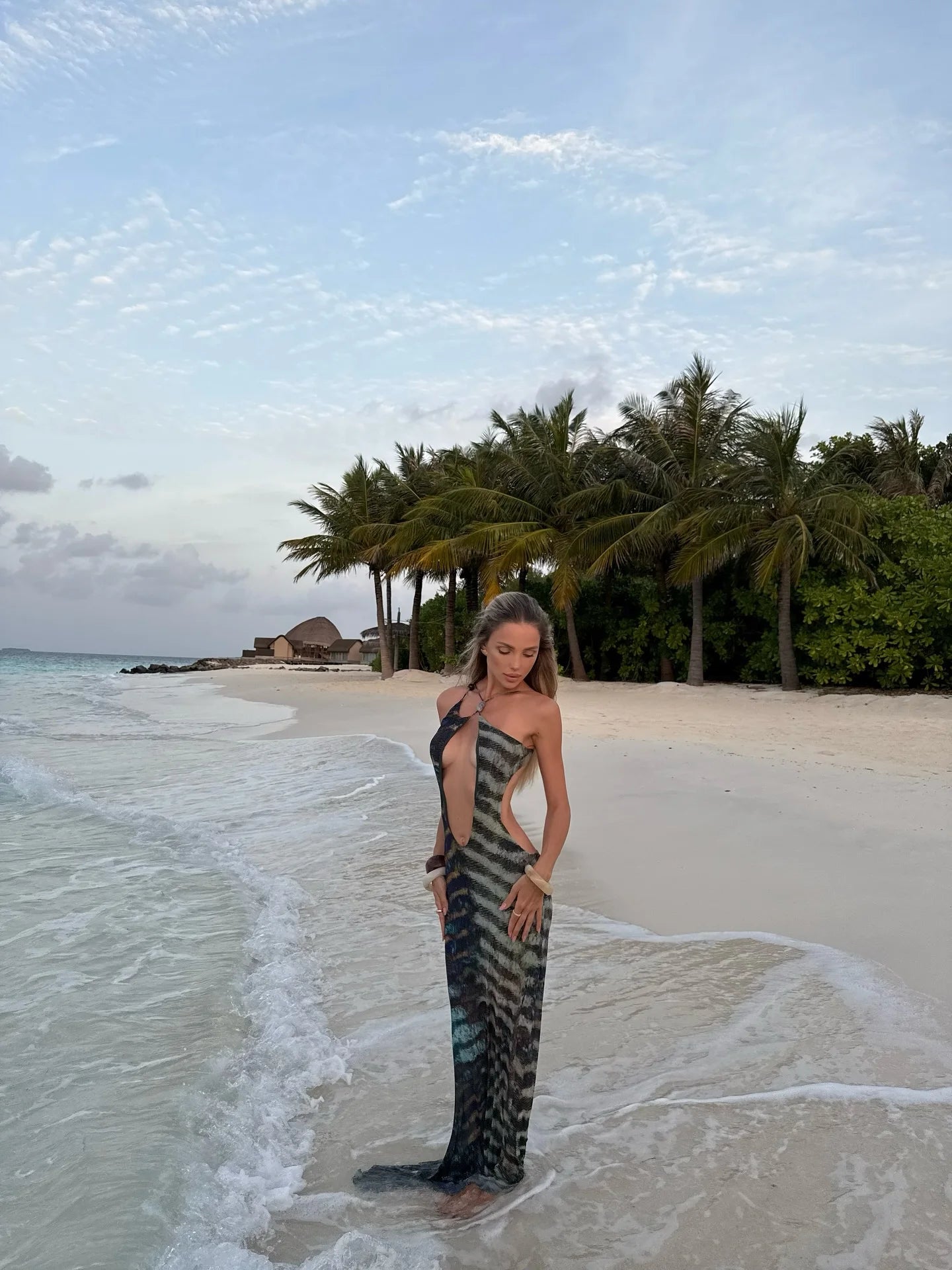 Women's Print Mesh Halter Tie Up Bead Naked Waist A-line Maxi Summer Beach Dress
