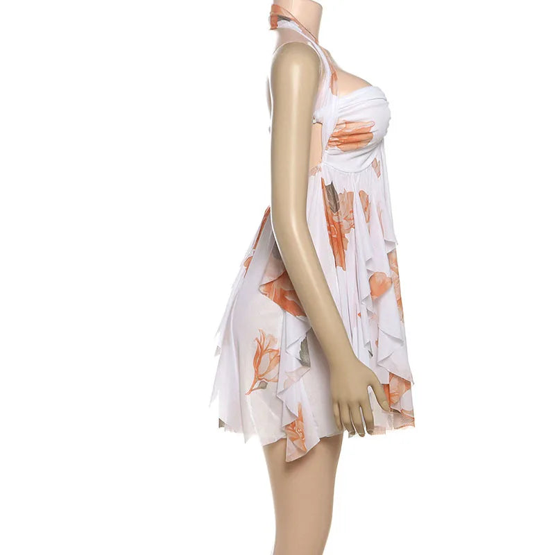 Women's Summer Halter Floral Mesh Mini Dress - Strapless Backless Holiday Dress