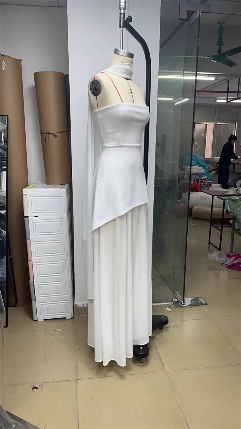 Women's Elegant Strapless Maxi Gown With Scarf Off-shoulder Sleeveless Backless Split Beach Long Dress