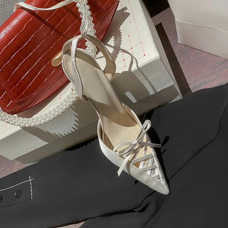 Women's Satin High Heel Sandals Strap 7cm Heel Sandals Bow Pointed Shoes