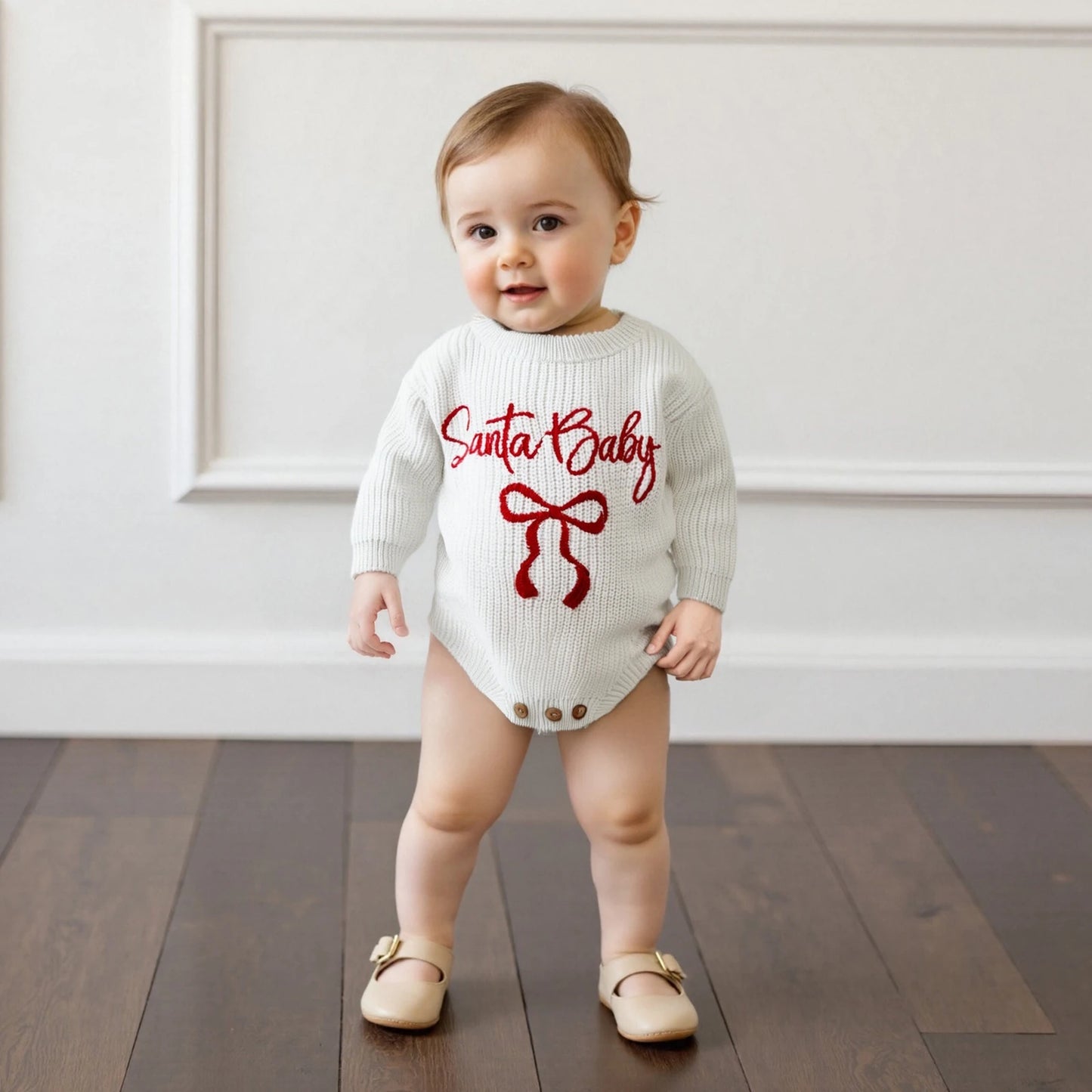 Baby Christmas Romper Sweater - Letter Bow Embroidery Ribbed Long Sleeve