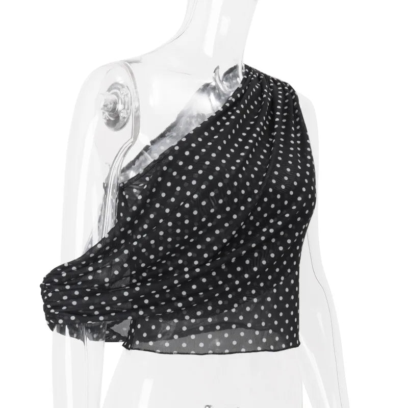 Women's Chiffon Polka Dot Summer Outfit Cropped Asymmetrical Basic Top