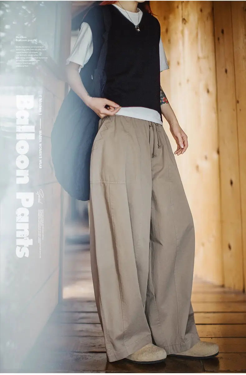 Women's Wide Leg Cargo Trousers - Khaki Elastic Waist Pocket Pants