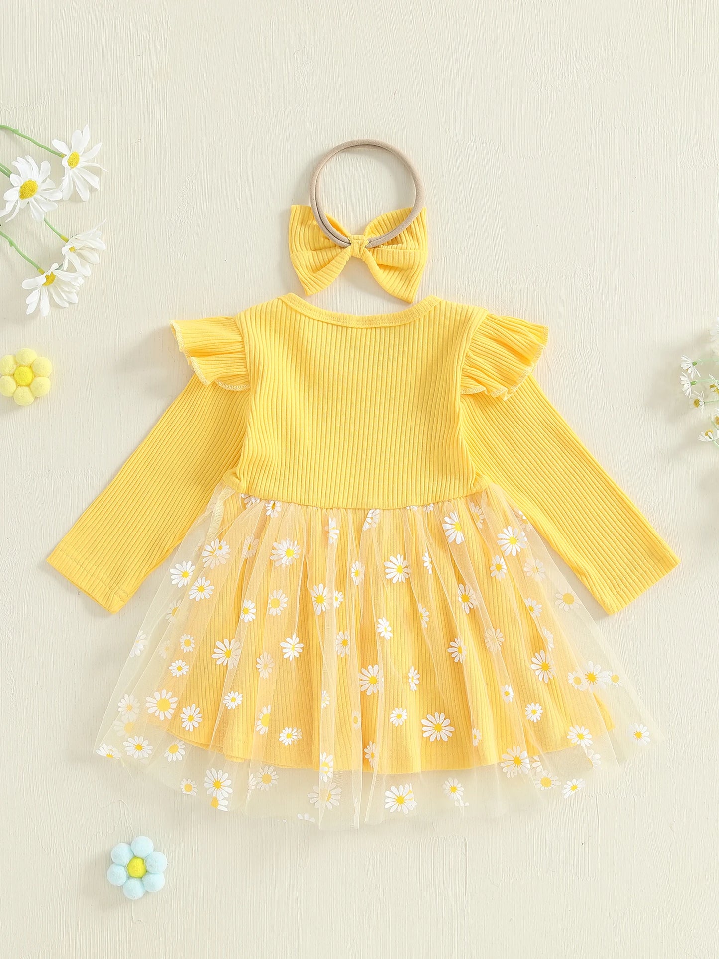 Lovely Baby Girls Fall Winter Dress - Sunflowers Print Tulle Dress with Headband (0-3Y)