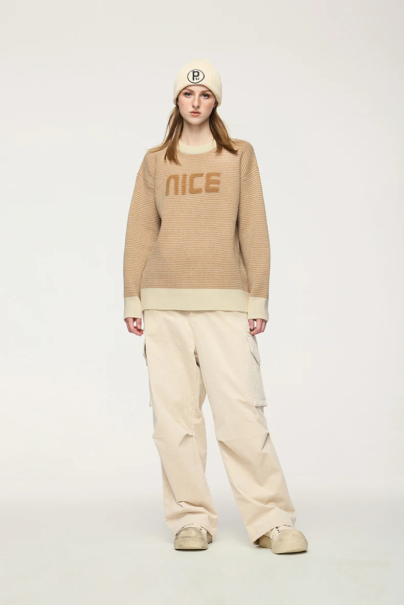 Unisex Letter Print Loose Knit Pullover Sweater