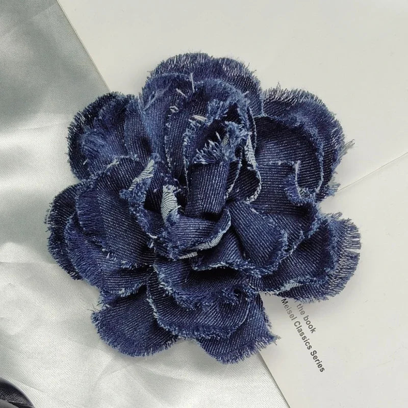 Handmade Denim Rose Flower Brooch - 15cm Fashion Corsage Lapel Pin