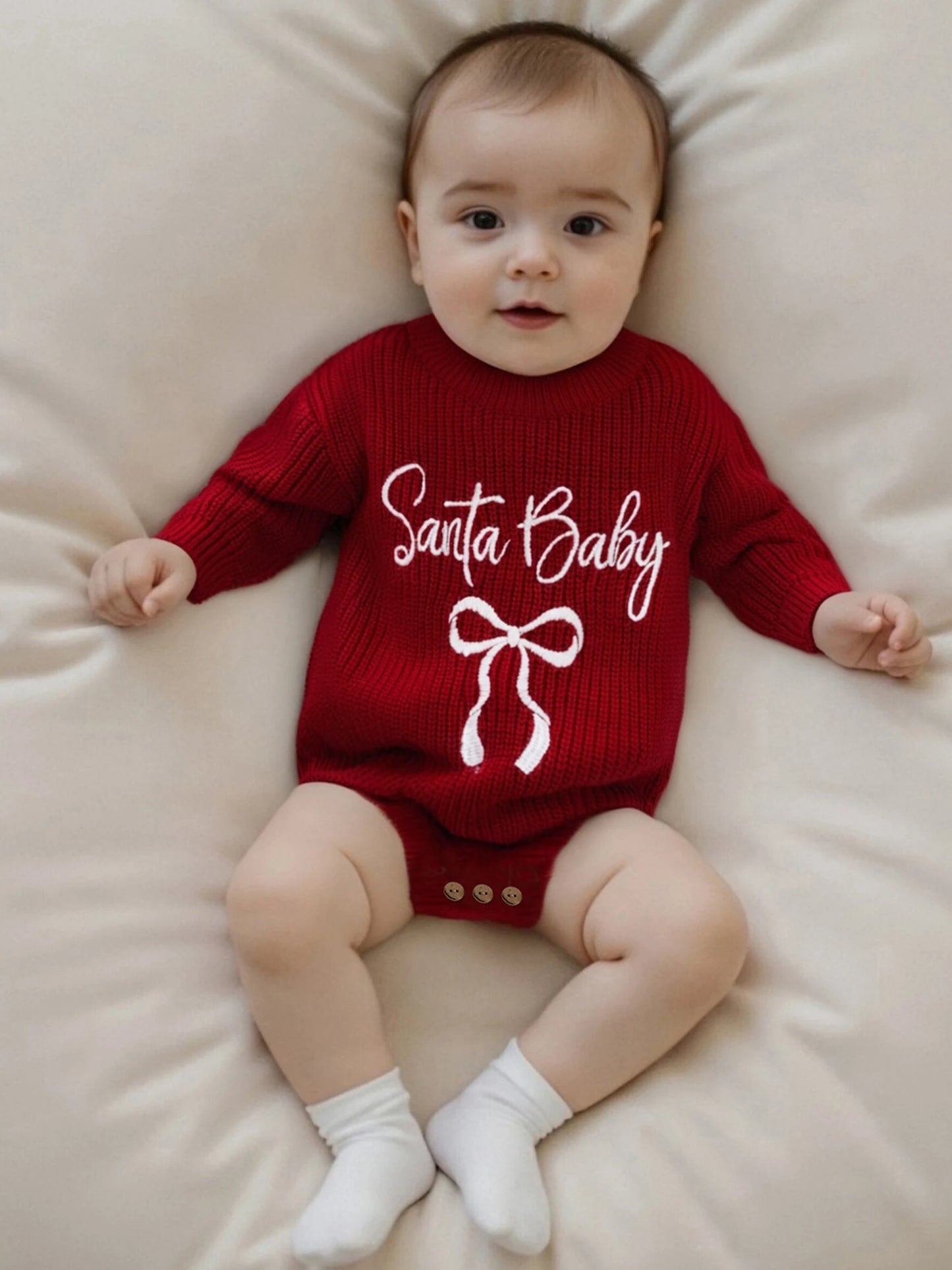 Baby Christmas Romper Sweater - Letter Bow Embroidery Ribbed Long Sleeve