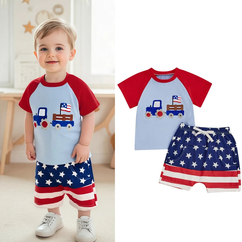 0-4Y American Flag Baby Boys Clothes Sets Tractor Embroidery Patchwork Short Sleeves T-Shirt Star Stripe Shorts