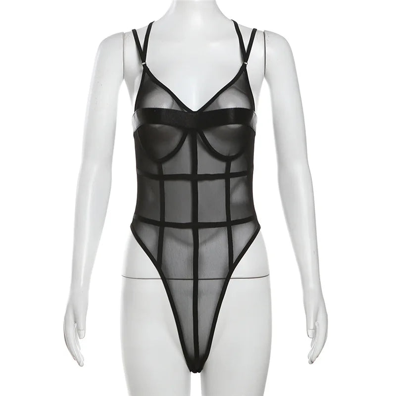 Backless Mesh Sheer Bodysuit - Women Elegant Sleeveless See Through One Piece Bodysuit