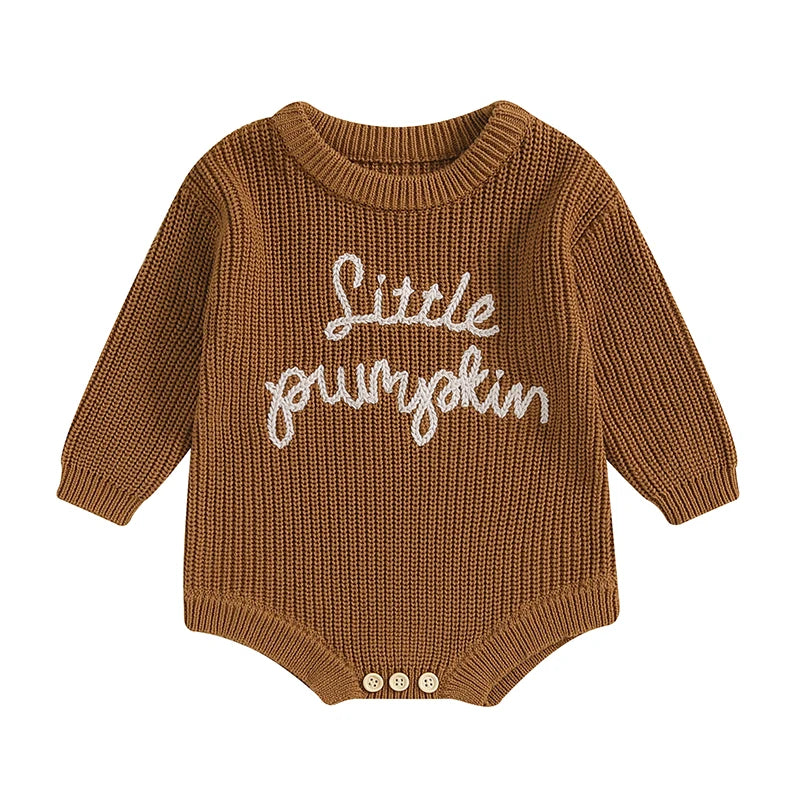 Baby Pumpkin Knit Romper - Long Sleeve Halloween Jumpsuit (0-18M)
