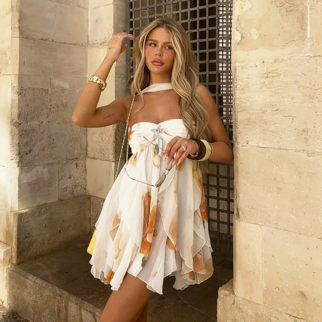 Women's Summer Halter Floral Mesh Mini Dress - Strapless Backless Holiday Dress
