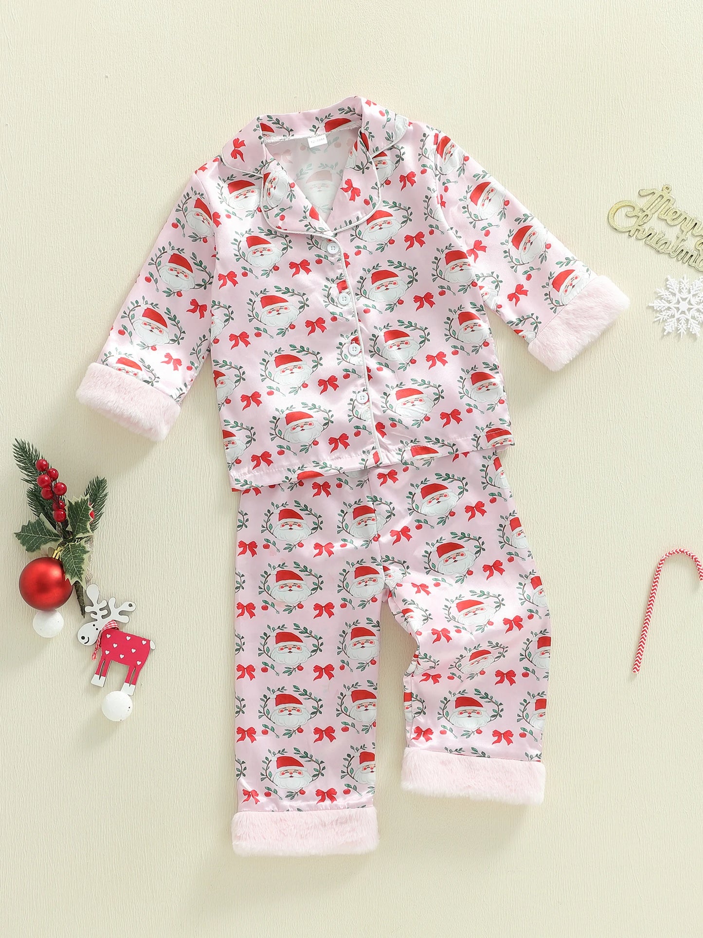 Toddler Girls Christmas Pajamas Set - Santa Claus Bow Print Long Sleeve Top & Pants 1-5Y