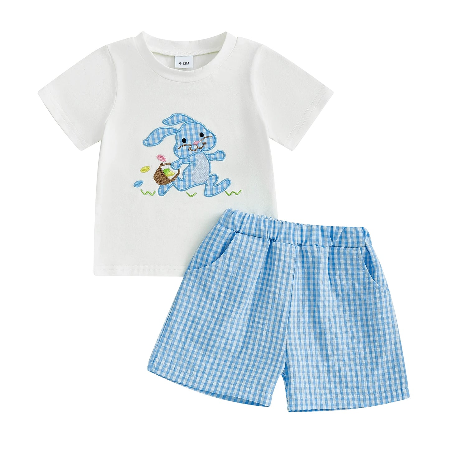 0-4Y Toddler Kids Boys Easter Clothes Set 2pcs Rabbit Embroidery Short Sleeve Plaid T-Shirt with Elastic Waist Shorts