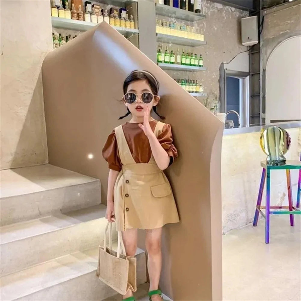 Girl's Summer Puff Sleeve T-Shirt Button Strap Skirt Two Piece Set