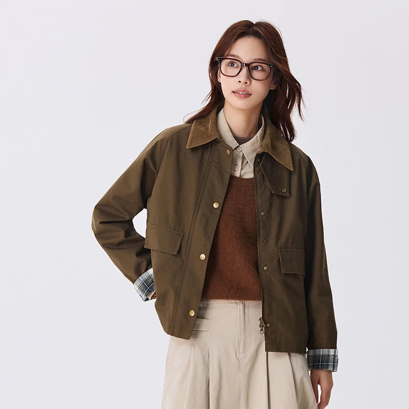 Women's Raglan Sleeve Patchwork Jacket - Loose Fit Retro Chic Autumn Coat