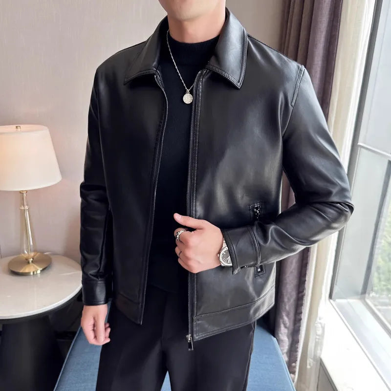 Men's Turn Down Collar PU Leather Jacket