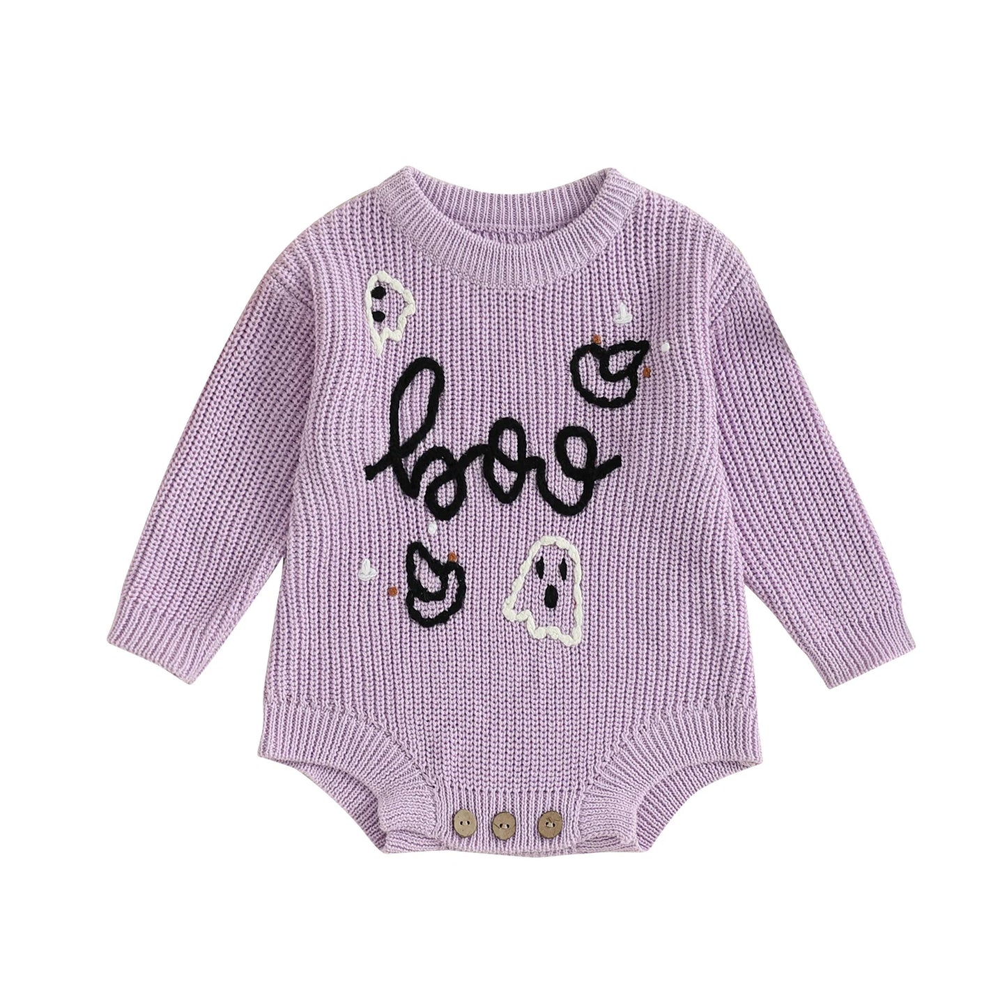 Newborn Baby Halloween Sweater Romper - Ghost Letter Embroidered Long Sleeve Jumpsuit