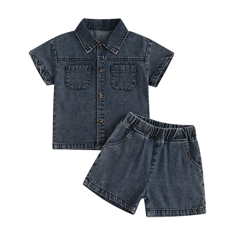2-6Y Kids Boys Girls Summer Denim Clothes Sets Short Sleeve Button-down Shirt with Elastic Waist Shorts