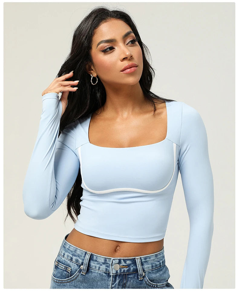 Women's Long Sleeve Yoga T-Shirt Square Neckline Gym Top Breathable Workout Running Crop Top Sportswear